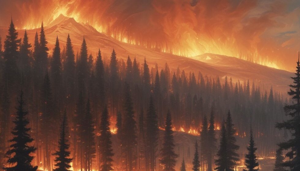 Wildfire raging across forests and mountains.